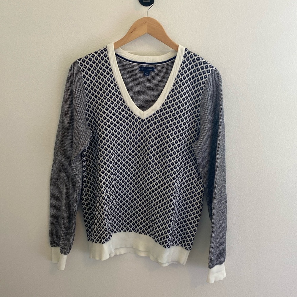 Tommy Hilfiger Black and White V-Neck Sweater